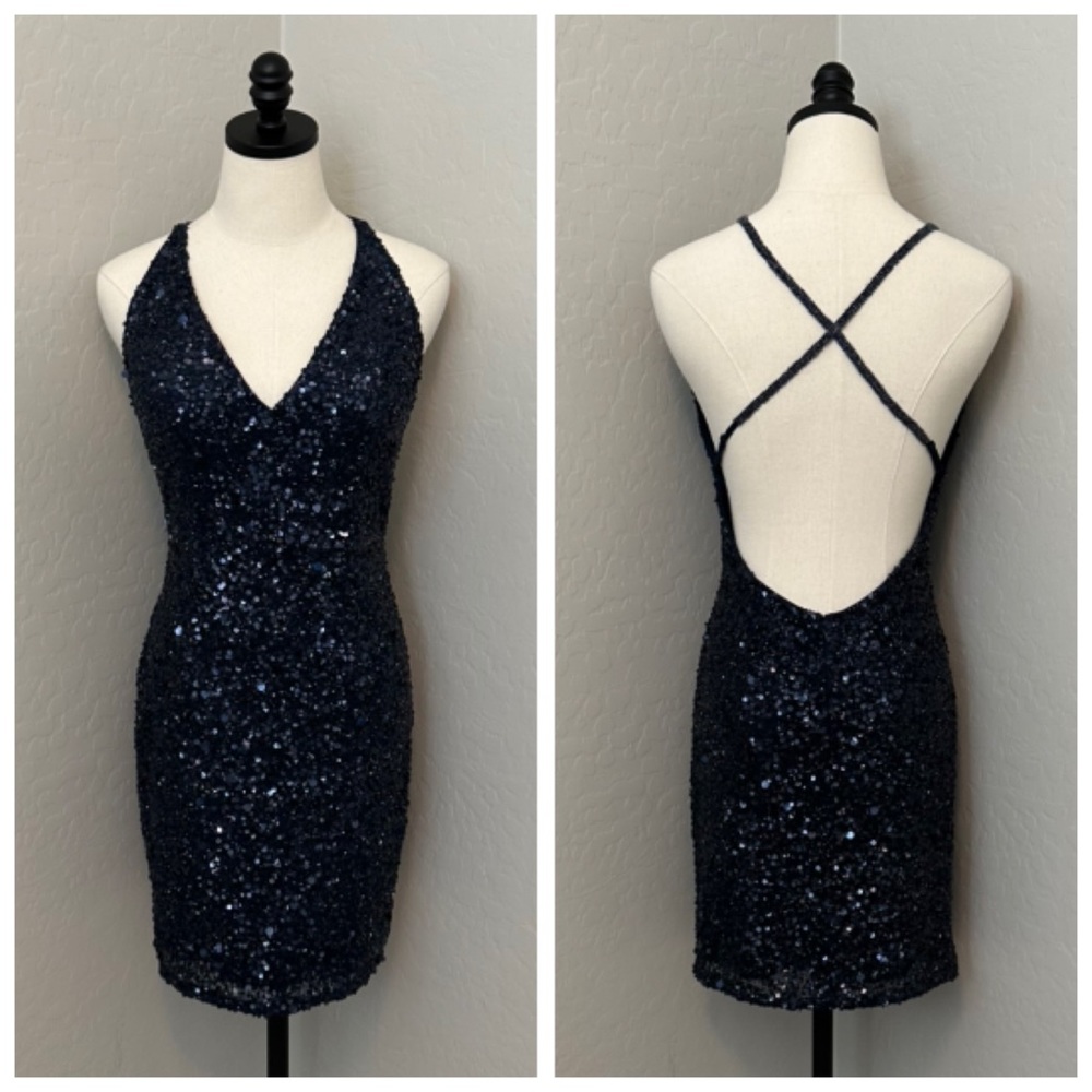 NEW SCALA SZ 8 MIDNIGHT BLUE SEQUIN BEADED FORMAL COCKTAIL DRESS